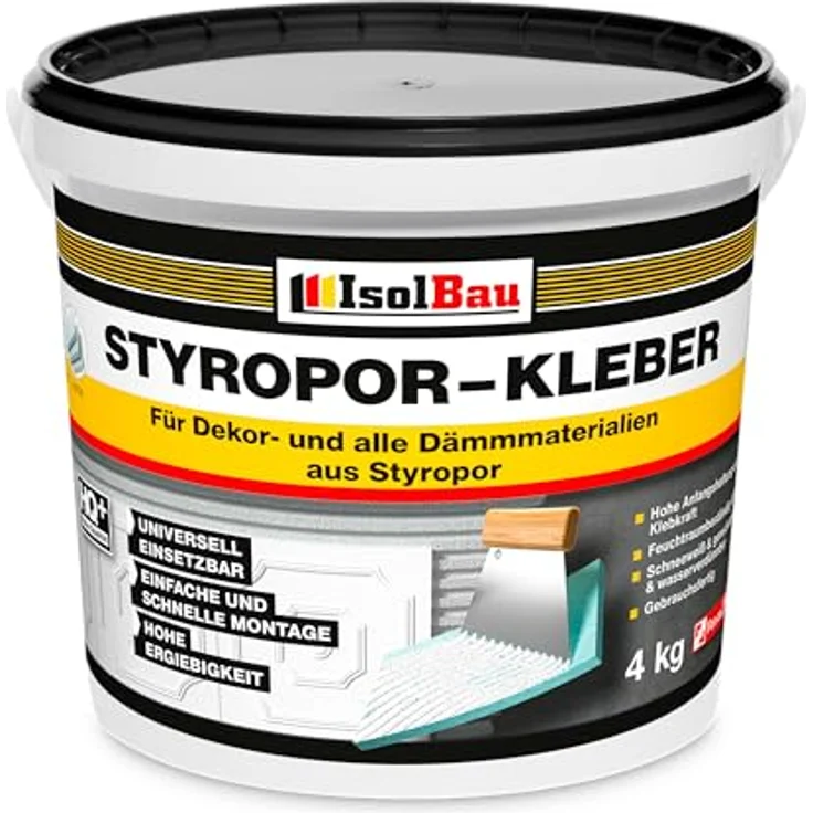 Isolbau Styropor-Kleber, 4 kg Eimer für Dekor- & Dämm-Materialien, hohe Klebkraft, feuchtraumbeständig, schneeweiß
