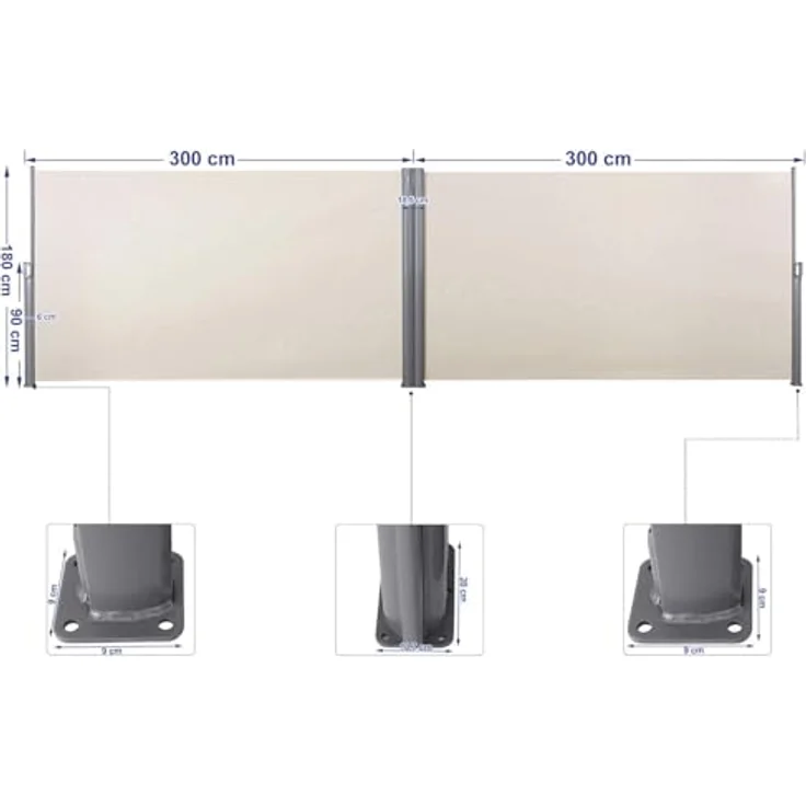 SONGMICS Markise Doppelseitenmarkise ausziehbare Seitenmarkise Sichtschutz, 6m Breite, Aluminium Polyester, 280g/m², wasserfeste PU-Beschichtung, 160x600/180x600/200x600 cm, Weiß – Bild 2