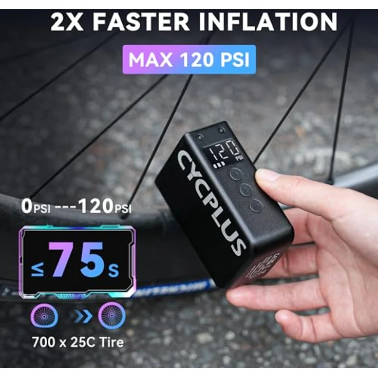 CYCPLUS AS2 Pro Max Tiny Pumpe, Mini Fahrradreifenpumpe, max 120 PSI, kabellos, automatische Abschaltung, Presta- und Schrader-Ventil, für E-Bike, Mountainbike, Citybike und Rennrad, 2025 Version – Bild 4