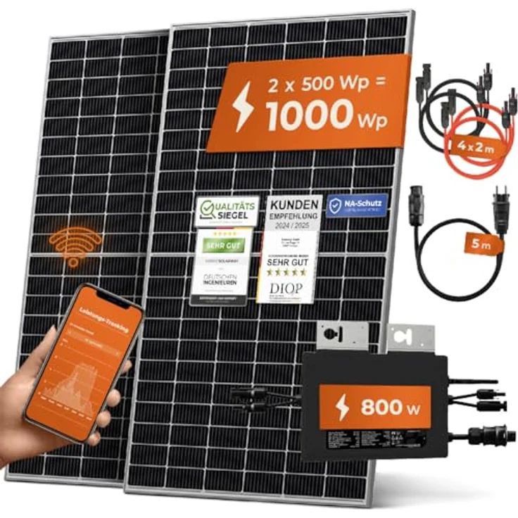 Solarway 1000W Balkonkraftwerk 800W Komplettset - 500W Solarmodule & Envertech - Steckdose - 800 Watt Wechselrichter - Genehmigungsfrei - Wifi Überwachung - Schwarz – Bild 1
