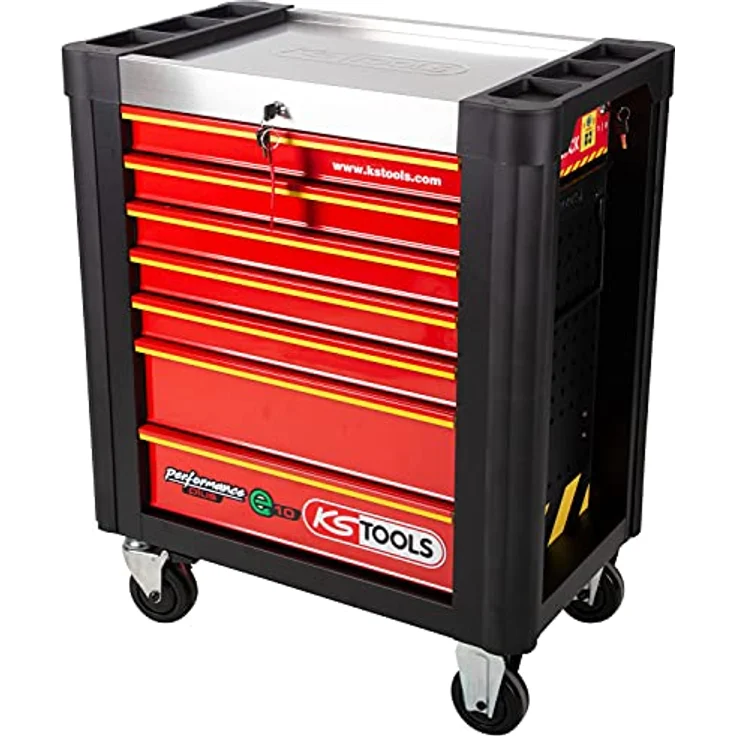 KSTOOLS PERFORMANCEplus e10 Werkstattwagen schwarz/rot, 7 Schubladen, Edelstahlarbeitsplatte, zentrale Verriegelung, kugelgelagerte Schubladenführung, hohe Stabilität – Bild 2