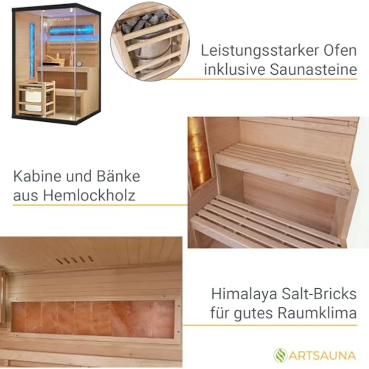 Artsauna Sauna Vantaa 120, Moderne 2 Personen Saunakabine mit Salzsteinen und Ambientebeleuchtung, Schwarz/Natur – Bild 4