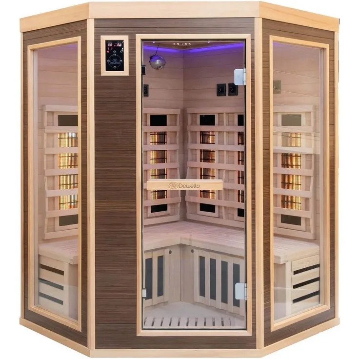 Dewello Infrarotkabine MONTREAL 140 Wärmekabine für 1 Personen, 6 Vollspektrumstrahler, BxTxH: 140 x 140 x 190 cm (Sternenhimmel, Farblichttherapie, Ionisator, Ozondesinfektion, Aromatherapie, Multimedia, USB-Anschluss) - Ebenholz-Look