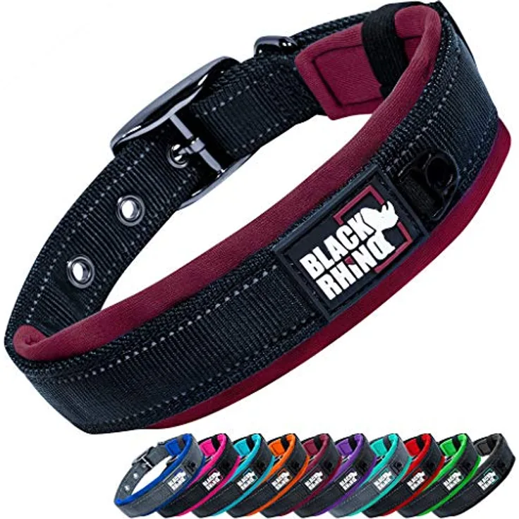 Black Rhino – Das Komforthalsband, superweiches, mit Neopren gepolstertes Hundehalsband für alle Hunderassen – robust, verstellbar, reflektierend, wetterfest (XL, Weinrot/Schwarz)