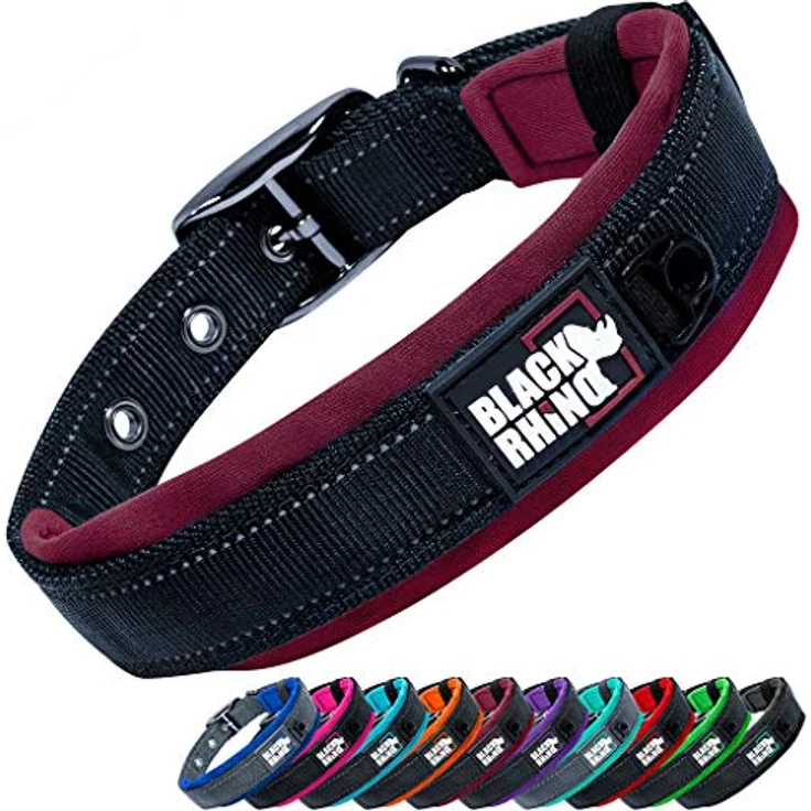Black Rhino – Das Komforthalsband, superweiches, mit Neopren gepolstertes Hundehalsband für alle Hunderassen – robust, verstellbar, reflektierend, wetterfest (XL, Weinrot/Schwarz) – Bild 1
