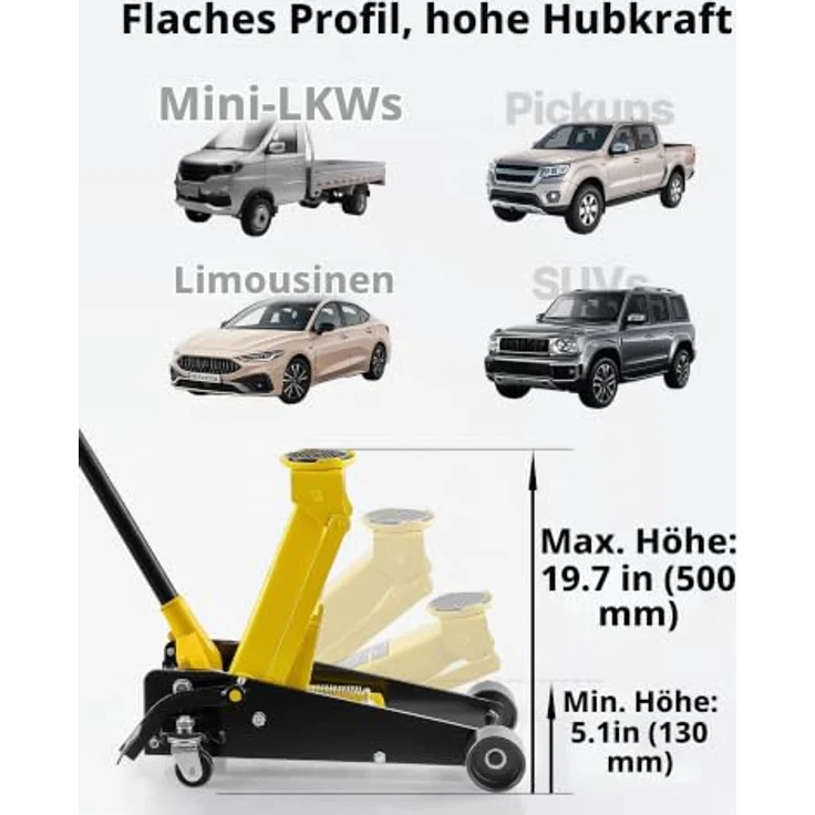 VEVOR Hydraulischer Rangierwagenheber 3 t Tragkraft, Flacher Wagenheber mit Einkolben-Schnellhubpumpe & Fußpedal, Hubbereich 13 bis 50 cm, ideal für SUVs und Pickups – Bild 3