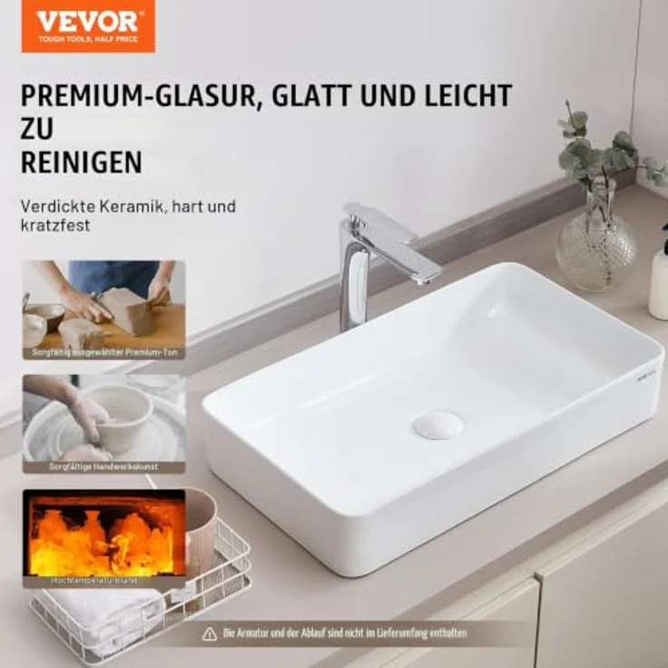 VEVOR Rechteckiges Aufsatzwaschbecken 61 x 35 cm, weißes Keramik-Waschbecken mit tiefem Spritzschutz und modernem Design für Badezimmer, Hotel – Bild 2