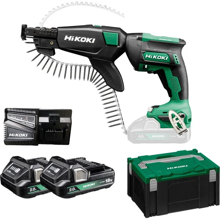 Hikoki Akku Magazinschrauber W18DB WBZ, 18V Trockenbauschrauber mit 2-Gang-Getriebe und 2x2,0Ah Akku