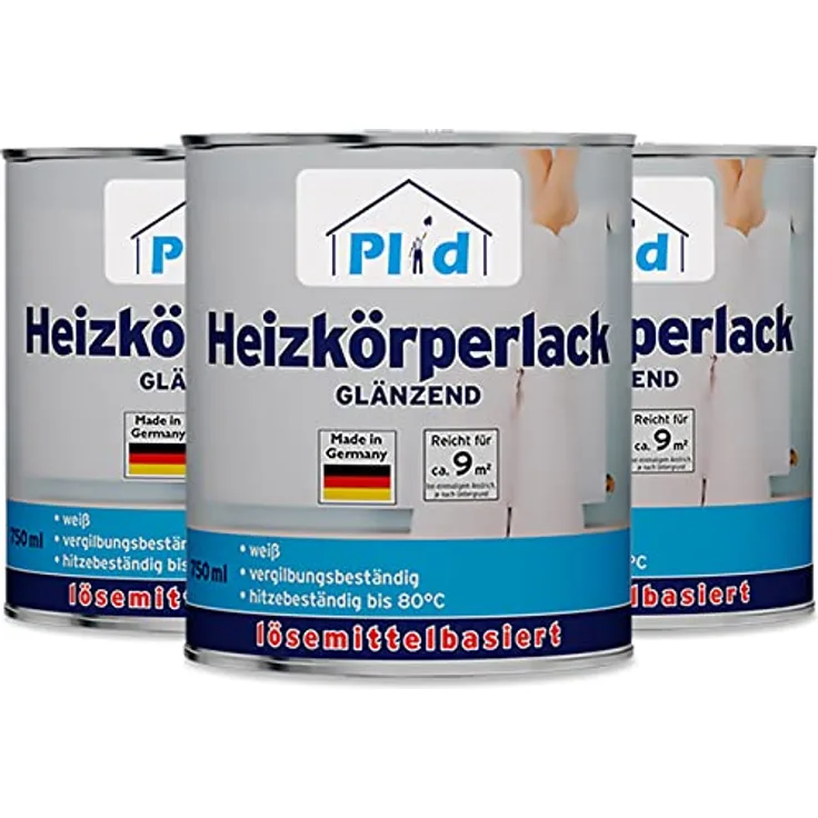 Plid® Heizkörperlack lösemittelhaltig Thermolack Metalllack Heizkörperfarbe Lack Farbe für heizkörperverkleidung schnelltrocknend 2in1 hitzebeständig 80 grad Glänzend Weiß 2,25l