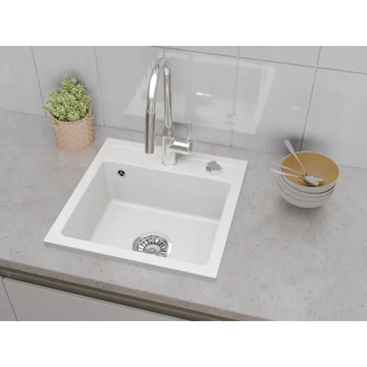 QLS Bella Spülbecken 44x44 cm aus Granit mit automatischem Siphon, hitzebeständig und pflegeleicht, Weiß – Bild 2