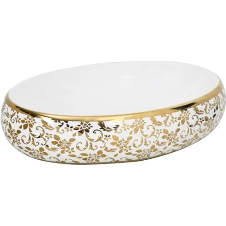 vidaXL Aufsatzwaschbecken, Oval Waschbecken mit Muster, Handgefertigt Waschtisch Waschschale für Badezimmer, Handwaschbecken Spülbecken, Weiß Golden 59x40x15 cm Keramik – Bild 1