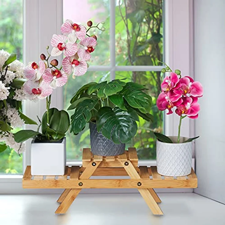 Relaxdays Blumentreppe, mit 3 Ablagen, für die Fensterbank, aus Bambus, Pflanzenregal, HBT: 17 x 51,5 x 15 cm, Natur, 100% – Bild 2