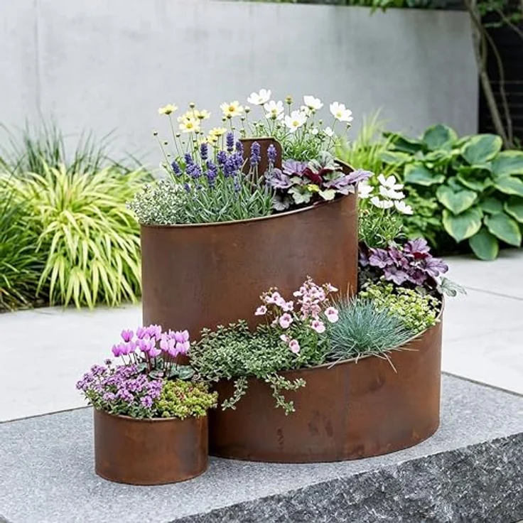 Spetebo Edelrost Eisen Kräuterspirale 3 Ebenen, 58 x 43 cm, Metall Kräuterschnecke mit 5 Kammern zum Bepflanzen, Natur Rost – Bild 4