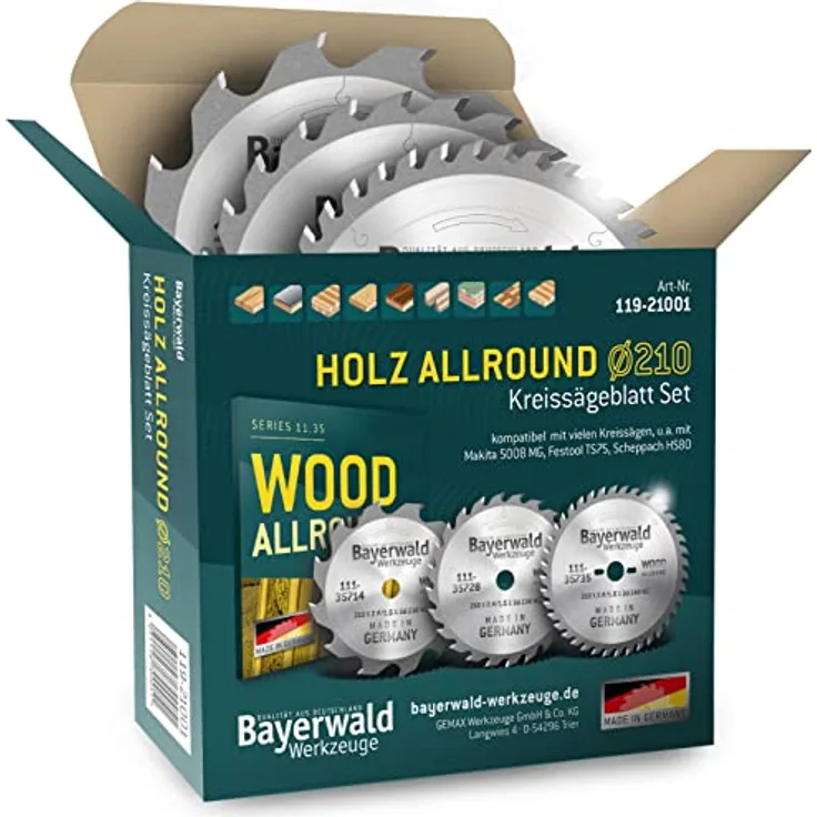 Bayerwald HOLZ ALLROUND Hand-Kreissägeblatt Set Ø 210 mm (3 tlg.) - für Holz Längsschnitt und Tischlerplatten, kompatibel mit Bosch GKS 165 und Makita DHS630Z