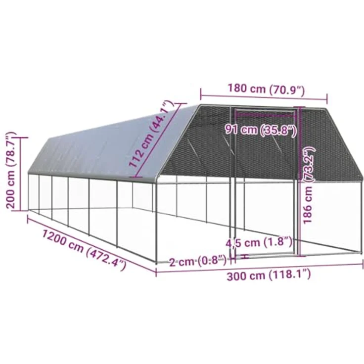vidaXL Hühnerstall, Outdoor-Hühnerkäfig aus verzinktem Stahl, 3x12x2 m, silbern mit wasserabweisendem Dach und Tür mit Schloss – Bild 3