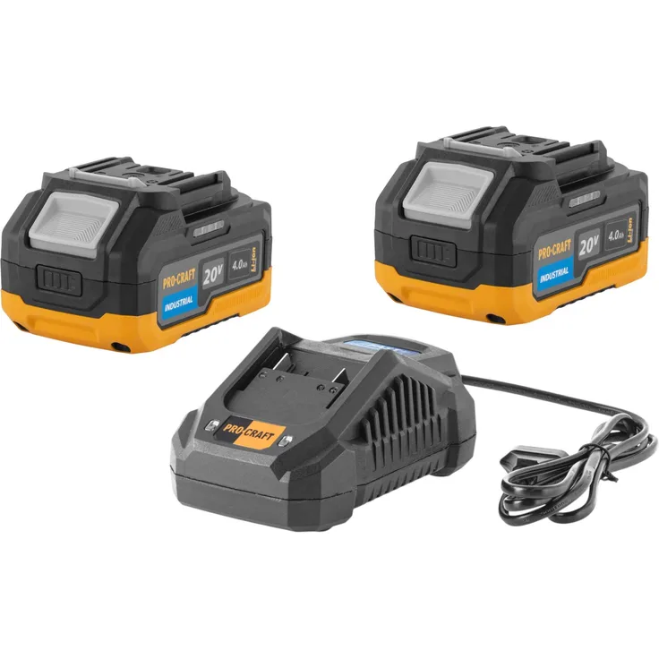 Procraft Starter Set 20 V, Schnell Ladegerät 20/4A + 2x 20/4 Industrial Akku 4,0 Ah, hohe Energieeffizienz für industrielle Anwendungen