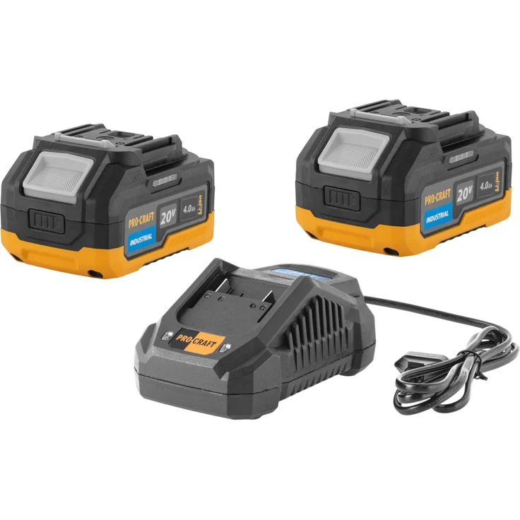 Procraft Starter Set 20 V, Schnell Ladegerät 20/4A + 2x 20/4 Industrial Akku 4,0 Ah, hohe Energieeffizienz für industrielle Anwendungen