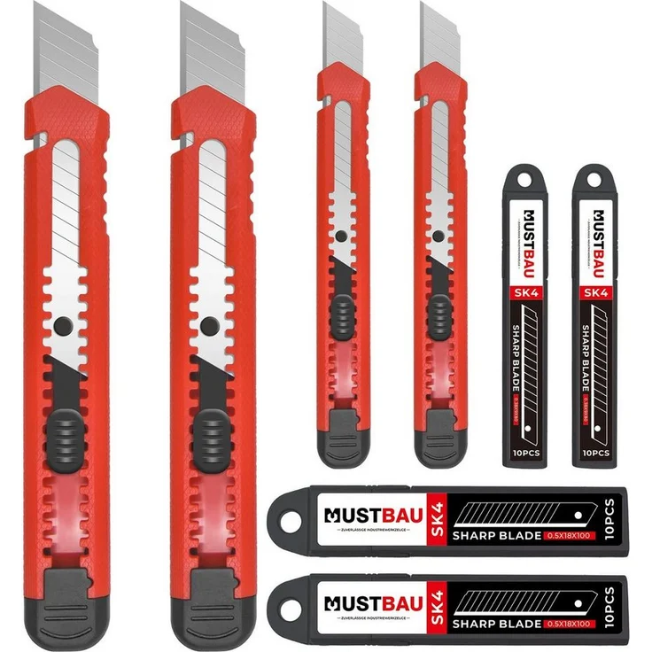 Mustbau Cuttermesser Set, 4 Taschenmesser mit 40 SK4 Ersatzklingen, ergonomischer Griff