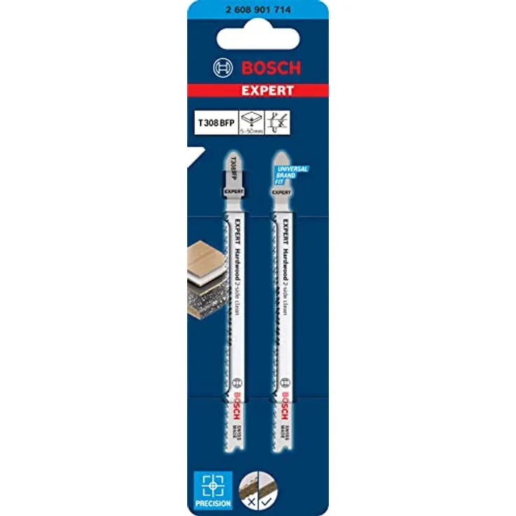 Bosch Professional 2x Stichsägeblatt Expert ‘Hardwood 2-Side Clean’ T 308 BFP (für Küchenarbeitsplatte, Kunststoffbeschichtete Platten, Länge 117 mm, Zubehör Stichsäge)
