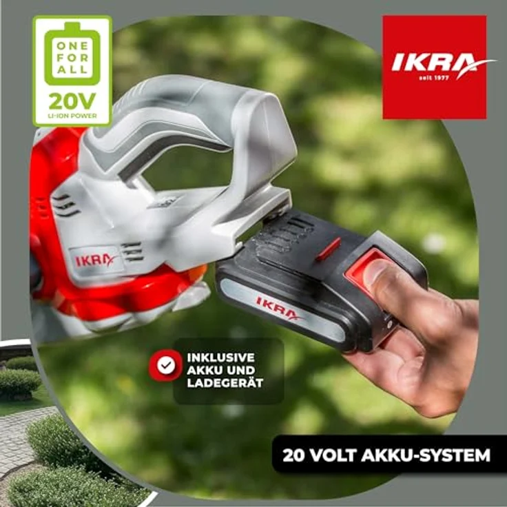 IKRA Akku Heckenschere IAHS 20-1, 20V, 54 cm Schnittlänge, 18 mm Schnittstärke, inkl. 2 Akkus (2,0 & 2,5 Ah) & Schnelllader, kabellos mit Schnellstop und Antivibrationssystem – Bild 3