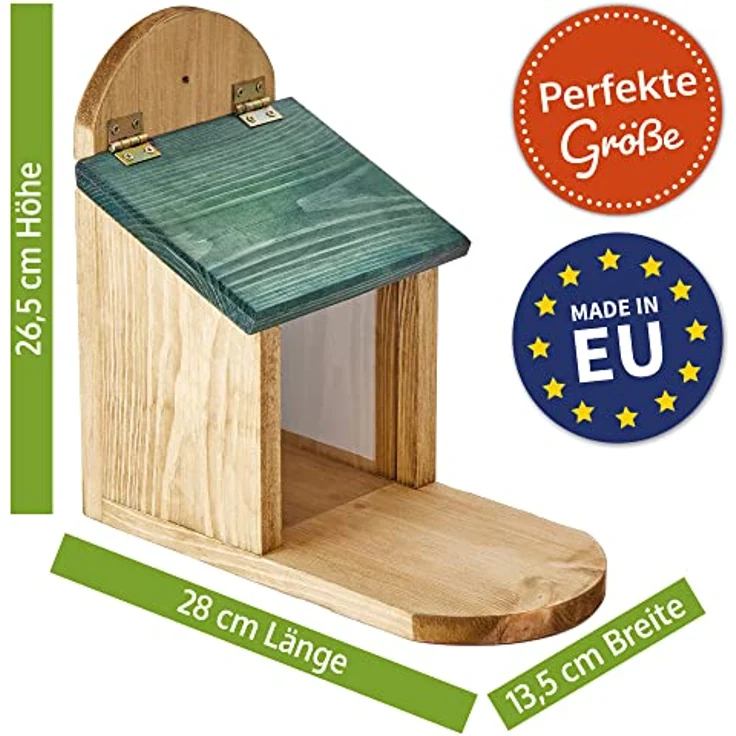 Zooprinz Eichhörnchenkobel Futterstation aus Premium Vollholz mit Plexiglas, Klappdach, große Sitzplattform, wetterfest, 26.5 cm hoch – Bild 5
