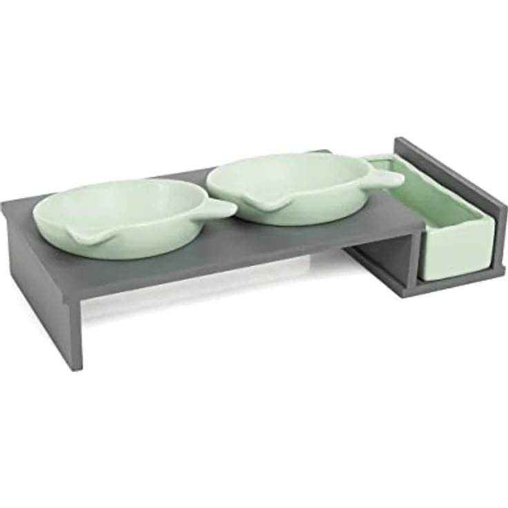 CanadianCat Company | Katzennapf erhöht, Futternapf Katze Cat Diner mit DREI Keramik Näpfen, Ø14,5 cm Fressnapf, Futterschale, Futterstation, mintgrün/grau – Bild 3