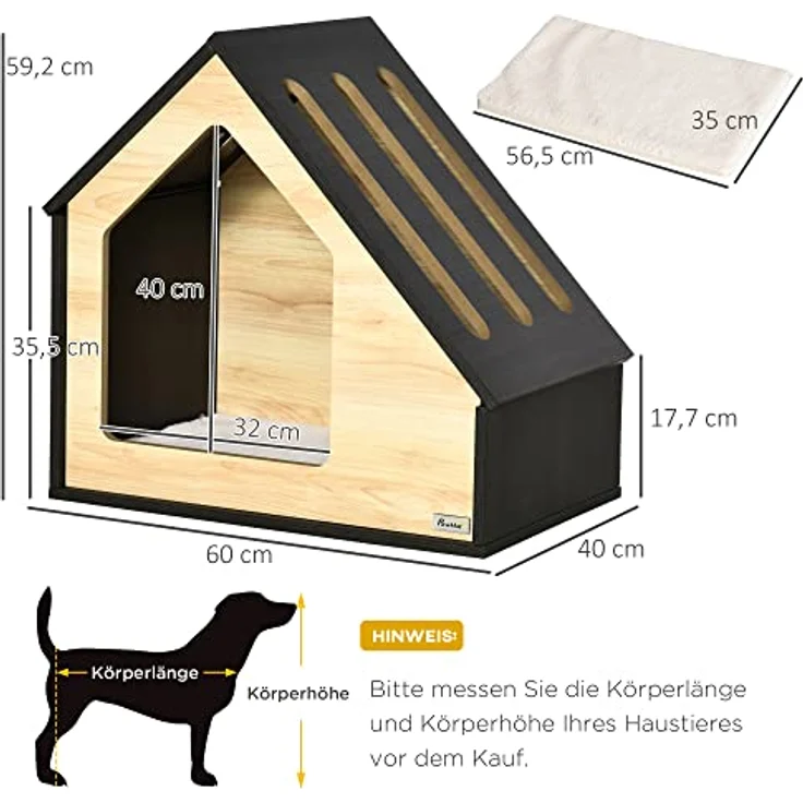 Pawhut Hundehütte aus Holz Indoor Katzenhöhle Katzenhaus Hundeschlafplatz mit Kissen Hundehaus Hundehöhle mit schrägem Dach für kleine Hunde bis 8 kg 60 x 40 x 59,2 cm - Preisvergleich – Bild 3