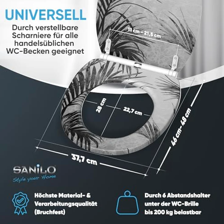 Sanilo WC Sitz Palmera, mit Absenkautomatik, schwarzes Design, stabiles Holz, antibakterielle Beschichtung, 46-48 cm verstellbar – Bild 5