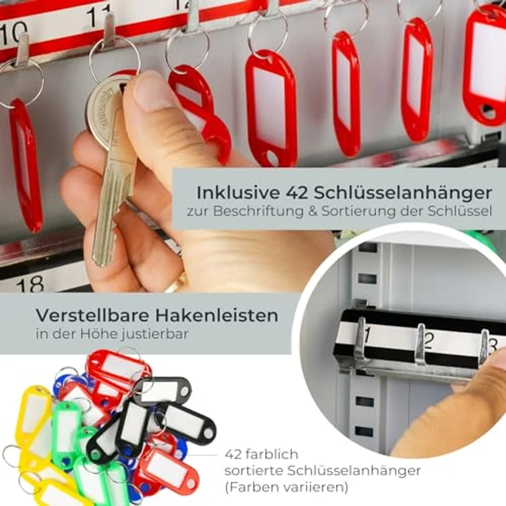 HMF Schlüsselkasten Abschließbarer Schlüsselschrank mit 42 Haken, verstellbare Hakenleisten, 35 x 27 x 8 cm, lichtgrau – Bild 5