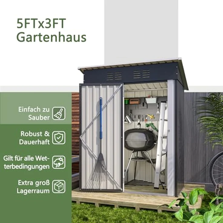 Thanaddo Geräteschuppen Gerätehaus 152 x 84 x 182 cm, 1,5m³ Stauraum wetterfest Gartenschuppen aus Metall, Anthrazit - Pultdach, Belüftungslöcher, Abschließbare Tür – Bild 3