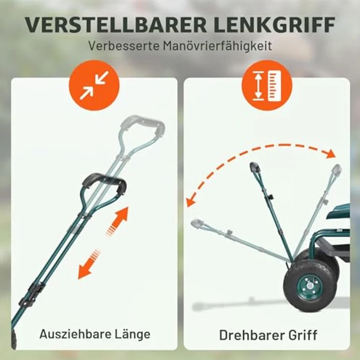 VEVOR Rollsitz Werkstattwagen, 136kg belastbar, höhenverstellbarer Sitz (45-54cm), 360-Grad-Drehfunktion, mit 25cm Griff und aufblasbaren 30PSI Reifen, Grün – Bild 3