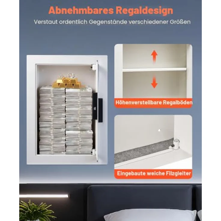 VEVOR Wandsafe, Wandtresor mit Passwort, Schlüssel & Drehknopf, Einbaugehäuse aus kaltgewalztem Stahl Q235, verstellbare Ablagen, weiß – Bild 5