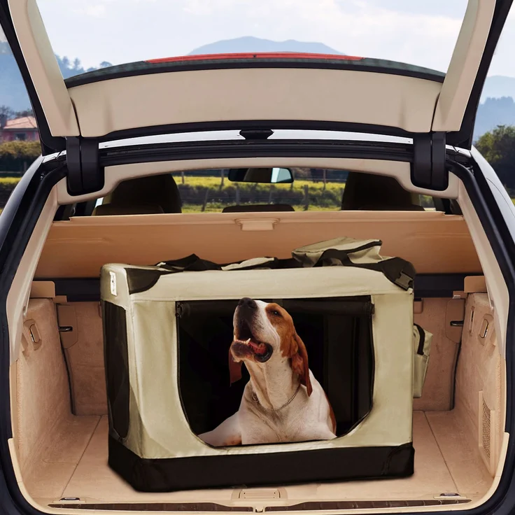 Juskys Hundetransportbox Lassie XL (beige) faltbar - 58 x 82 x 58 cm - Hundebox mit Decke, Tasche & Griffen – Stoff Autotransportbox für Hunde – Bild 2