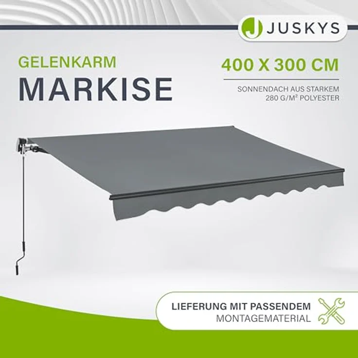 Juskys Gelenkarmmarkise 400 x 300 cm, UV40+ & wasserabweisend, mit Kurbel & Wandhalterung, Grau - Sonnenschutz für Terrasse & Balkon – Bild 2