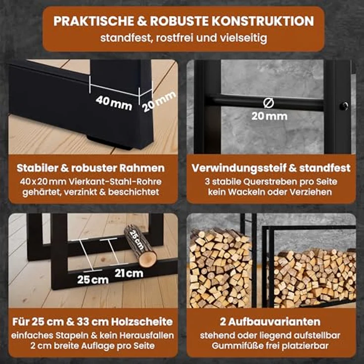 BLACK OAK Kaminholzregal JACK, 150x100x25cm schwarz, Metall Stahl Rahmen pulverbeschichtet, für innen & außen, bis 800kg Holzlagerung – Bild 4