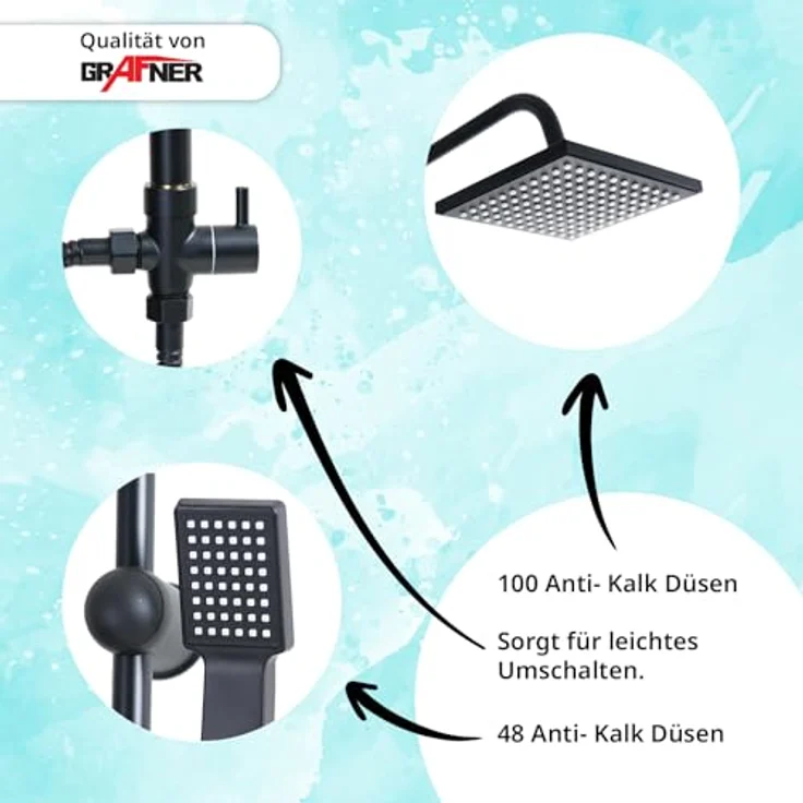 Grafner Duschsystem Grafner® Duschgarnitur mit Regenschauerduschkopf und Handbrause, 1 Strahlart, schwarz – Bild 5