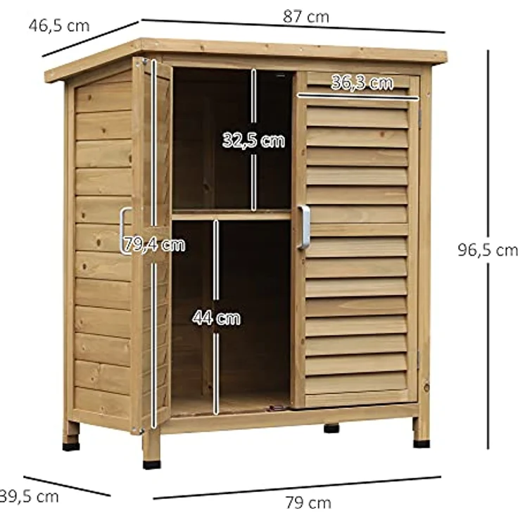 Outsunny Gartenschrank Holz Gerätehaus Geräteschuppen Geräteschrank Holzhütte Pultdach Bitumenpappe Lamellentüren Natur 87 x 46,5 x 96,5 cm – Bild 3