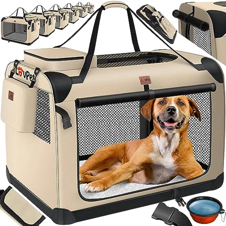 LOVPET® Hundebox Hundetransportbox faltbar Inkl.Hundenapf L 70x52x52cm Transporttasche Hundetasche Transportbox für Haustiere, Hunde und Katzen Haustiertransportbox Beige – Bild 1
