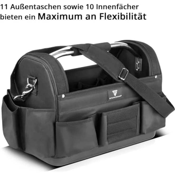STAHLWERK Werkzeugtasche - 11 Außentaschen, 10 Innentaschen, tragbare Installateur-Tasche aus strapazierfähigem Polyester mit Tragegriff und Schultergurt – Bild 3