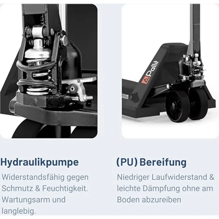 Pallit Hubwagen Gabelhubwagen, 2500 kg Tragkraft, 1150 mm Gabellänge, ergonomische Deichsel, PU Rollen, schwarzes Design – Bild 4
