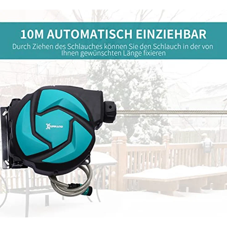 Durhand Schlauchtrommel mit Multibrause, 10m Schlauchlänge, Frostschutzfunktion, Grün & Schwarz – Bild 5