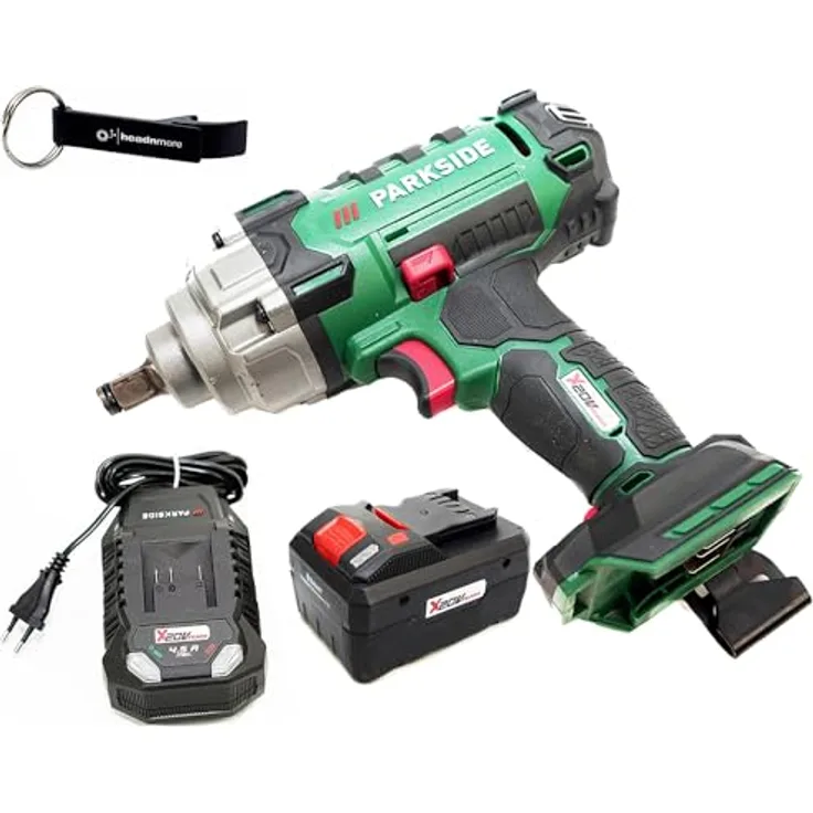 HEADNMORE® Bundle - PARKSIDE® 20V Akku Schlagschrauber PASSK 20 im Transportkoffer + HEADNMORE® Schlüsselanhänger (1x8Ah Akku), kraftvoller Schlagschrauber mit max. 400 Nm Drehmoment, inkl. 4 Steckschlüssel und 3-stufiger LED Akkuzustandsanzeige, blau
