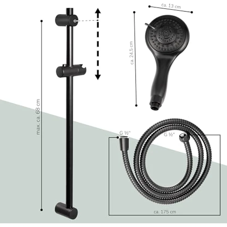 bremermann Brausestangenset, Brause mit 5 Strahlarten, Edelstahl-Brauseschlauch 1,75 m, schwarz – Bild 7