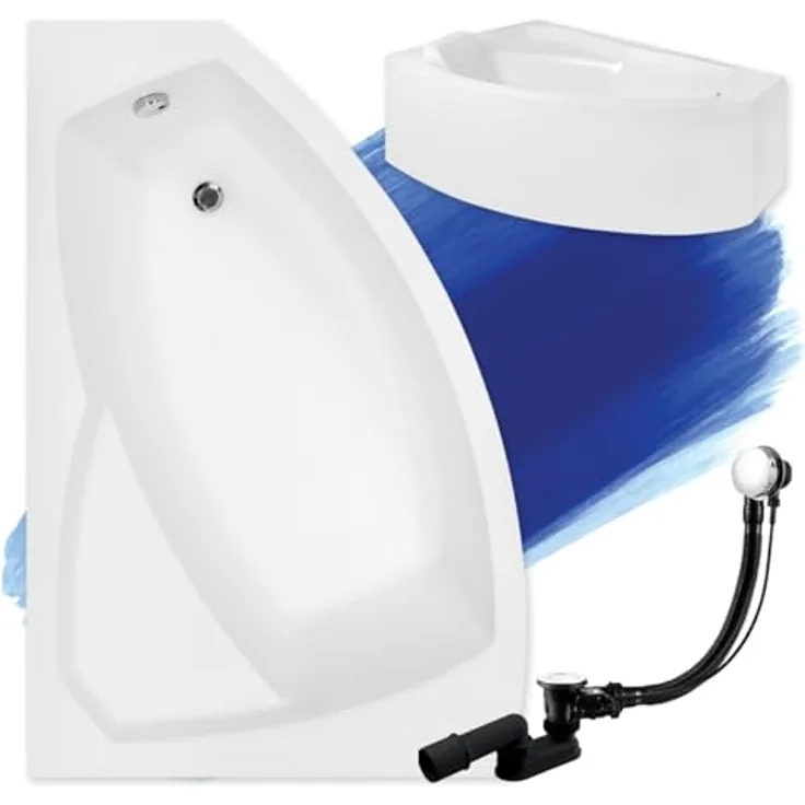 Besco BADLAND RIMA Eckbadewanne 130x85 cm, Weiß Acryl, Komplettset mit Automatik Ablaufgarnitur und Acrylschürze, Made in EU
