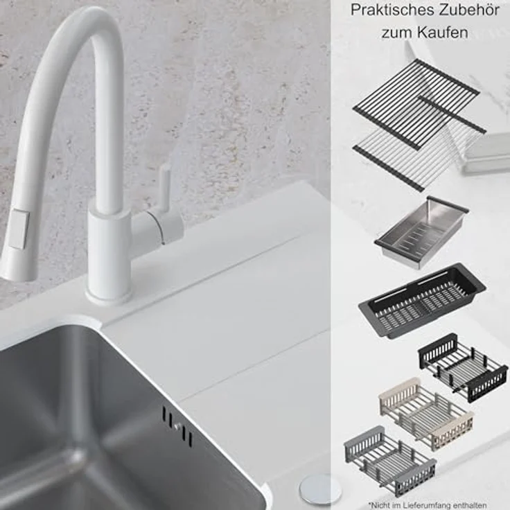 QUADRON Granitspüle EDWARD GraniteQ, Einbeckenspüle 78x44 cm mit Stahlkammer, Abtropffläche und Siphon, Weiß – Bild 7