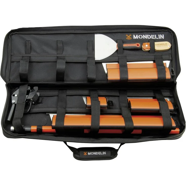 Mondelin 227340 Spachtelsatz, Ergonomie-Spachtelset mit starren und flexiblen Klingen, Gipskartonspachtel und Teleskopstange, inklusive robuster Textiltasche
