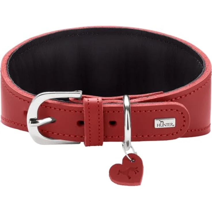 Hunter Windhund Love Halsband 32/XS, Rot/Schwarz, Rindnappaleder mit Polsterung und Herz-Zierelementen, Halsband + Leine – Bild 2