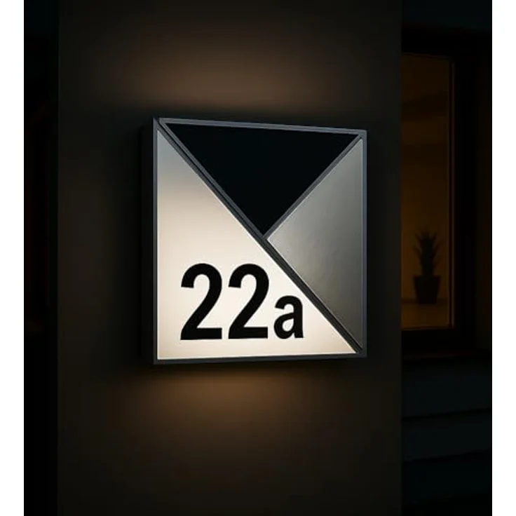 MeLiTec Solar-Hausnummer SH07, moderne LED-beleuchtete Hausnummer, wasserdicht, aus Edelstahl, kabellos, inklusive Ziffern- & Buchstabenset – Bild 1