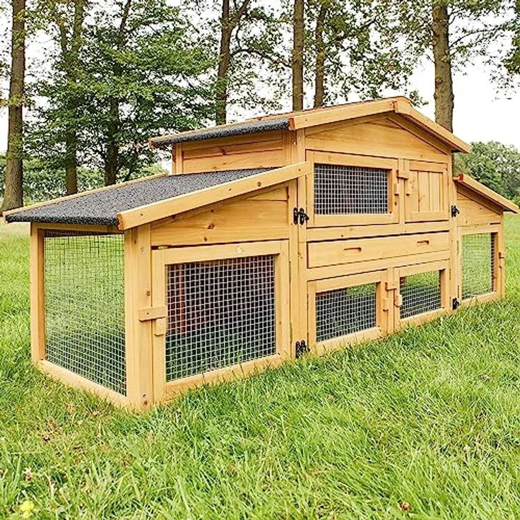 zooprinz großer Hasenstall, Kaninchenstall mit extra hoher Kotschublade aus massiven Vollholz - für draußen mit Öffnungsdach, natürliche Farbe