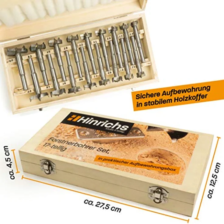 Hinrichs Forstnerbohrer Set mit 17 verschiedenen Bohrern in praktischer Holz Aufbewahrungsbox – Bild 3